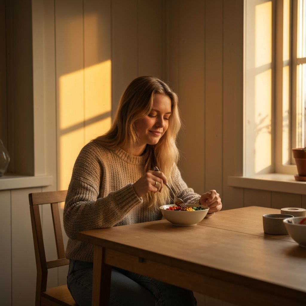 Henkilö syömässä rauhallisesti kotona